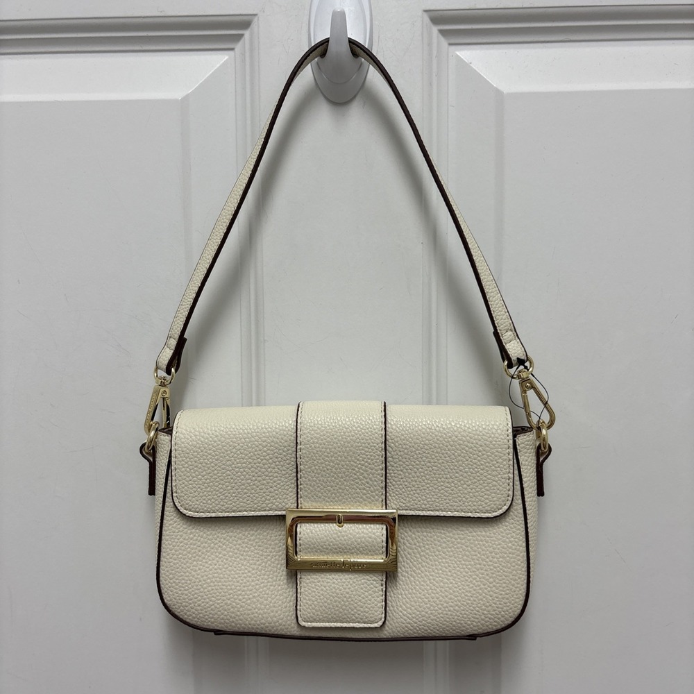 NWOT Nanette Lepore Cream Fiona Flap Baguette Gold Hardware Metallic Clasp